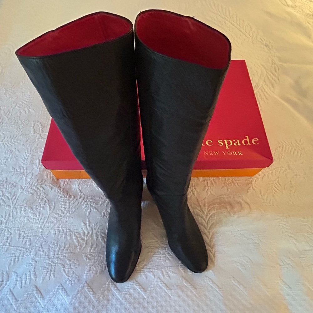 Kate Spade, Belinda, goat leather, knee high black boots with red lining